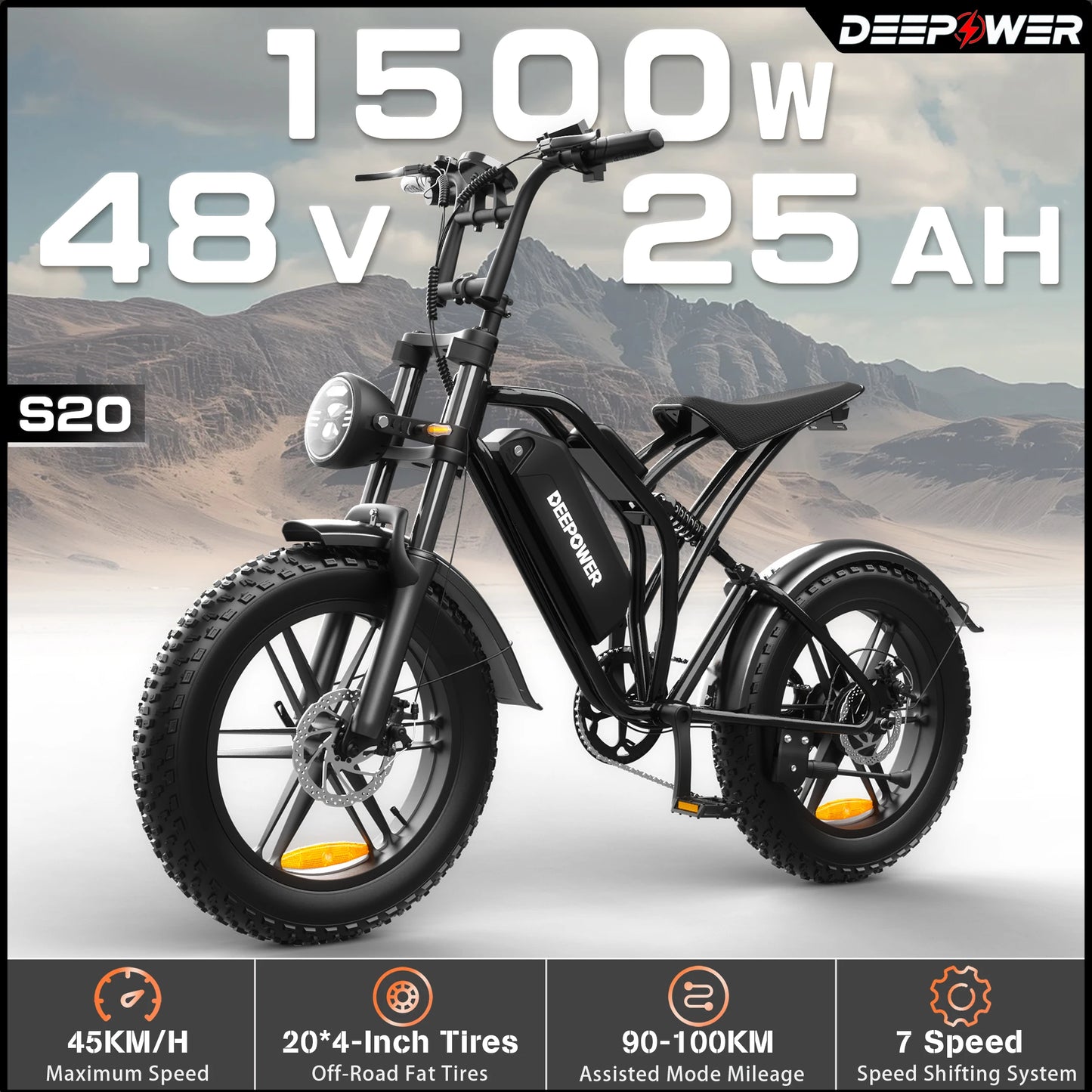 DEEPOWER S20 Off-Road Electric Bike 1500W Motor 48V 25AH LG Battery Adults Mountain LED Display Ebike All-Terrain Motorcycle