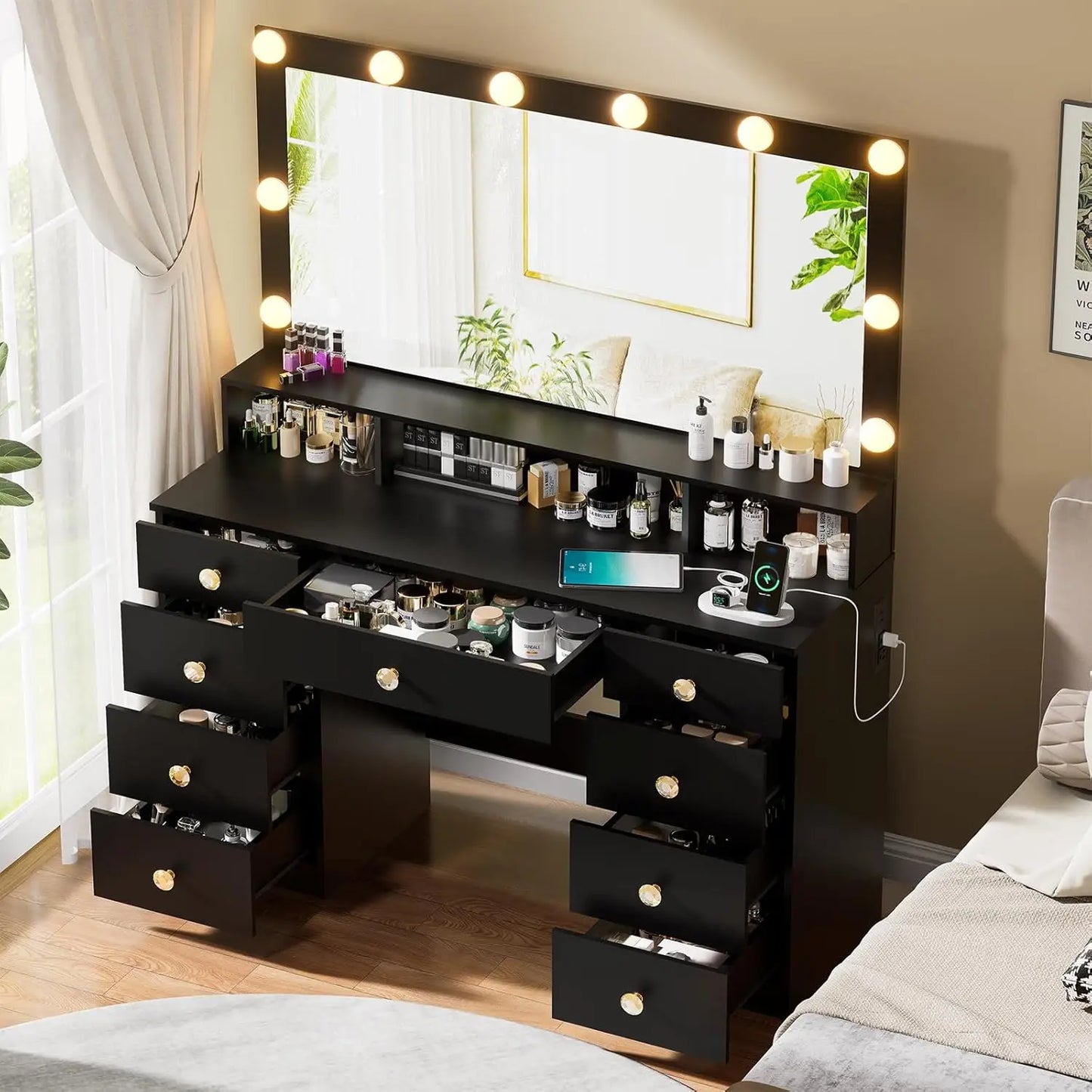 Vanity Desk with Large Mirror, Lights & Power Outlet, Black Makeup Vanity with 9 Drawers & Shelf Storage, Customized