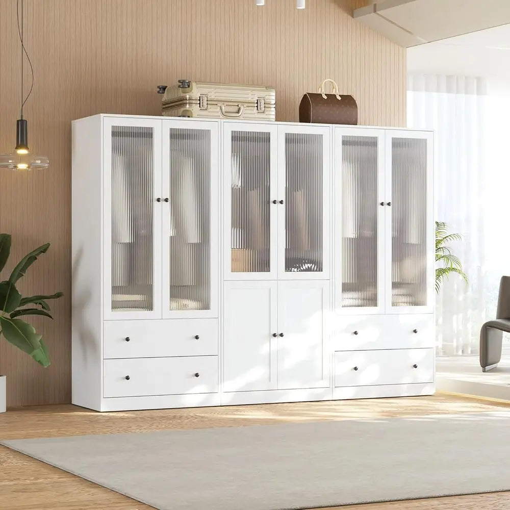 20-Drawer Glass-Door Wardrobe, 71 High Hanging Storage Cabinet with Soft-Close, Large Capacity White Closet