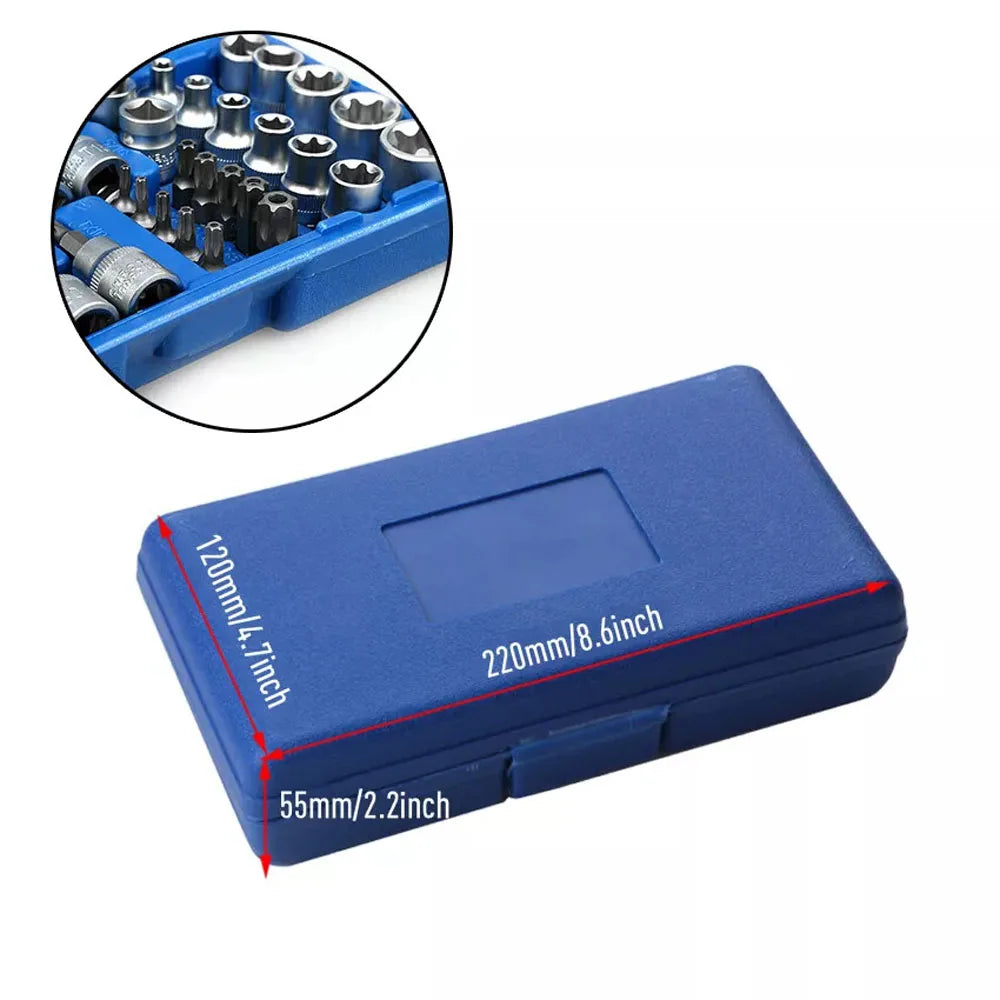 34Pcs Torx Star Sockets & Bit Set Male / Female E- Security Bits Drive Handheld Tool Torque Star Socket with Blue Case
