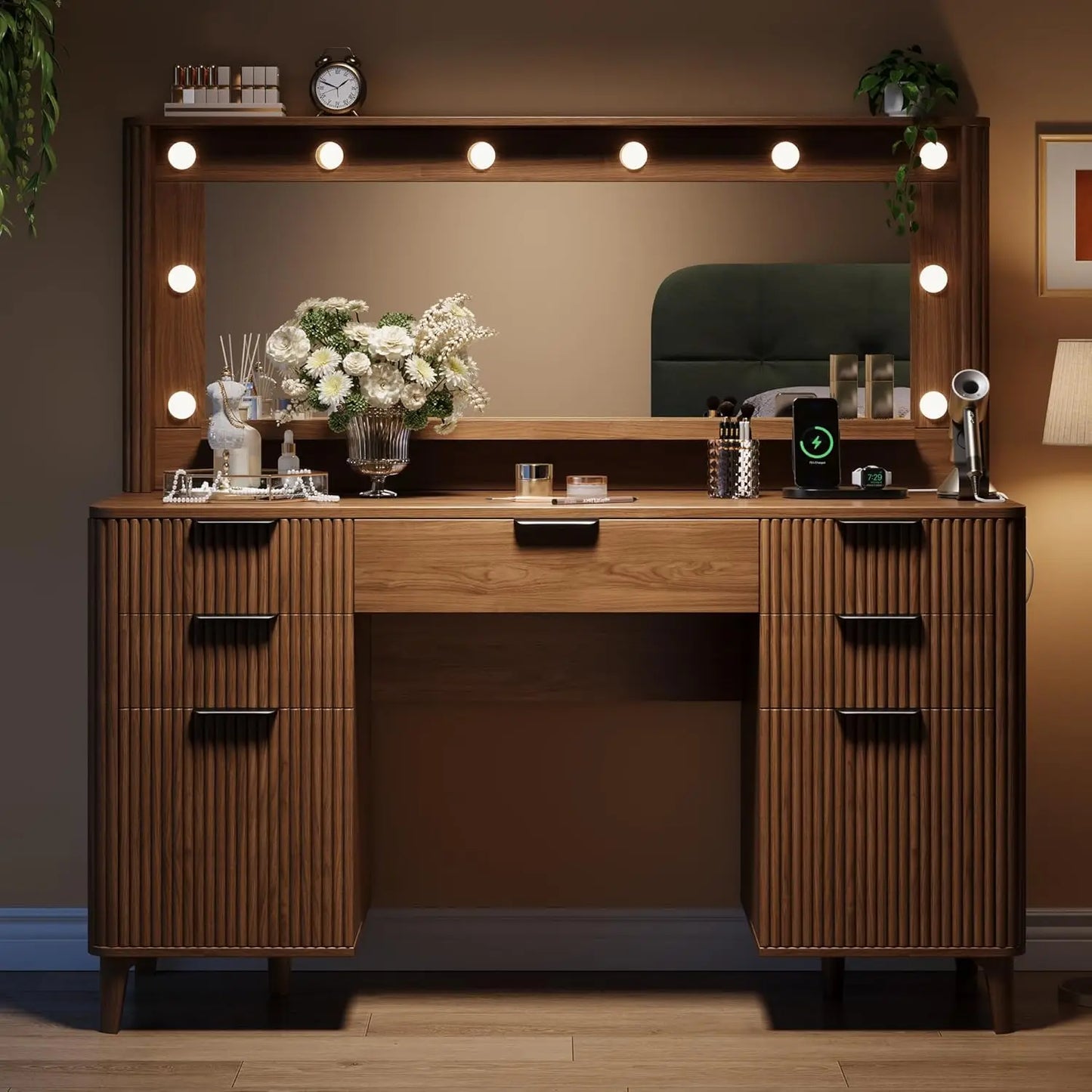 Fluted Makeup Vanity Desk with Large 39.3" Mirror and Lights, 48.8" Wood Vanity, Large Vanity Dressing Table, Customized