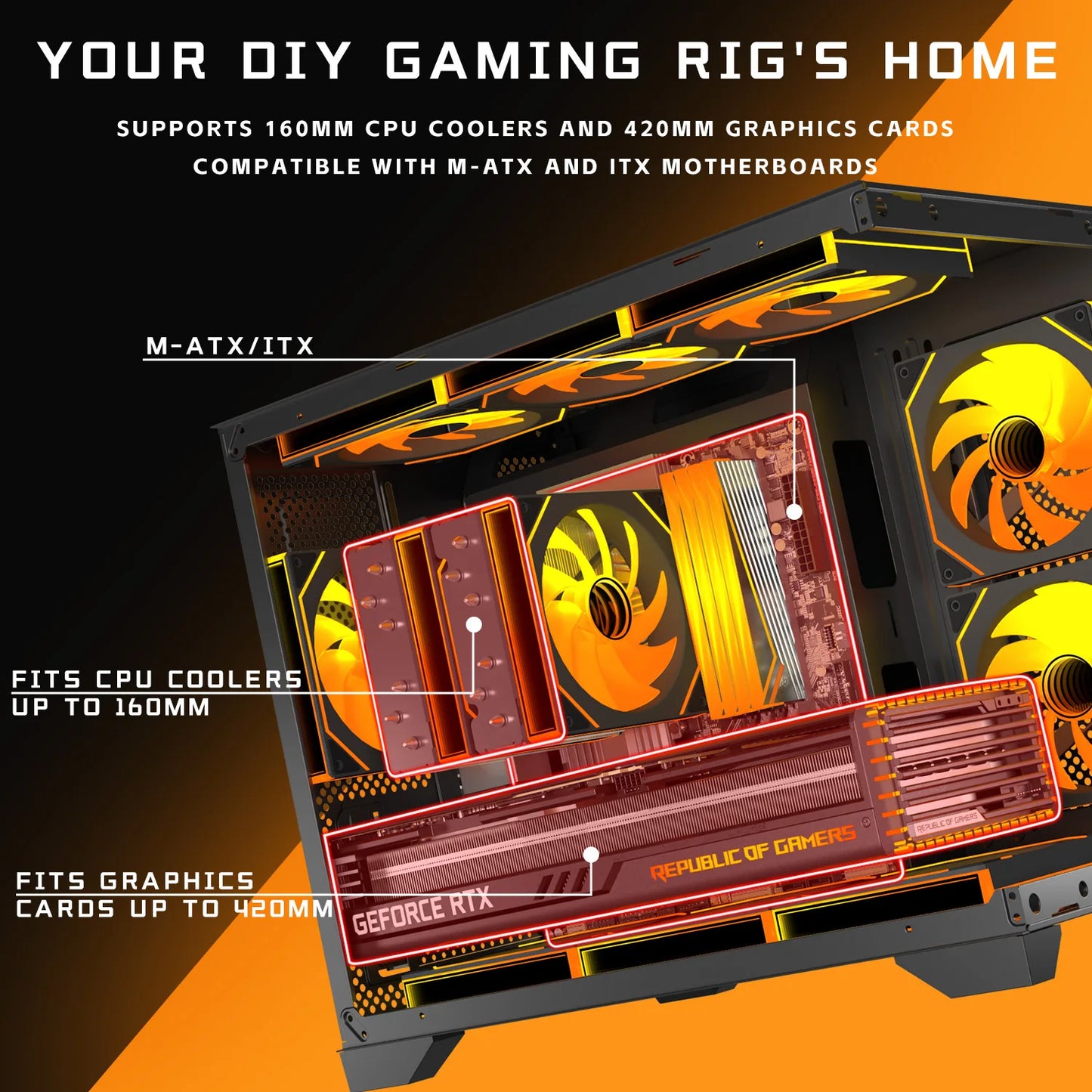 Micro-ATX Gaming PC Case with 270° View Tempered Glass, Pre-Installed 3 PWM ARGB Fans & Magnetic Filter, Supports Standard ATX