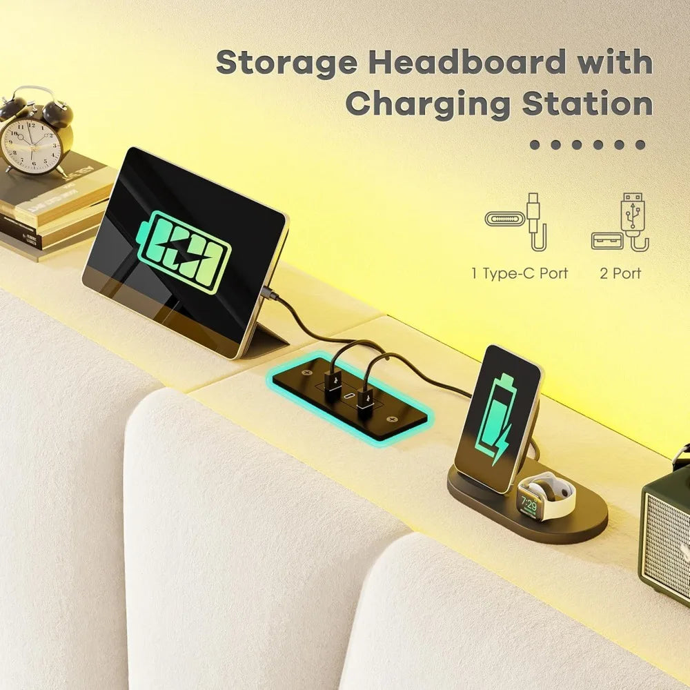 New upgrade - Queen Bed Frame with Velvet Headboard and LED Lights, Storage Headboard with Charging Station, Bed Frame Queen