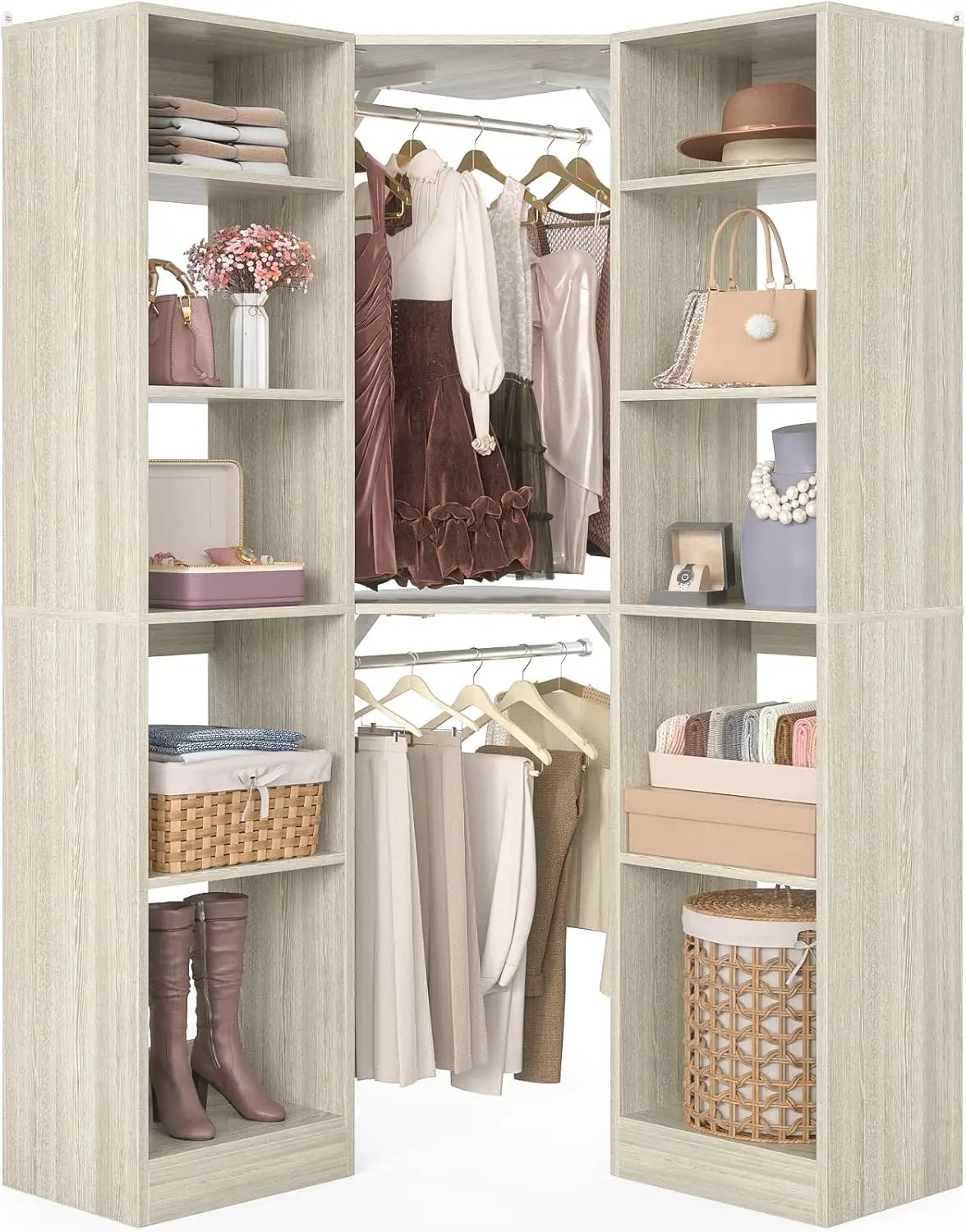 Corner Closet System with 12 Shelves, 39.2" Corner Closet Organizer System with 2 Hanging Rods, Versatile 6-Tier，Customized