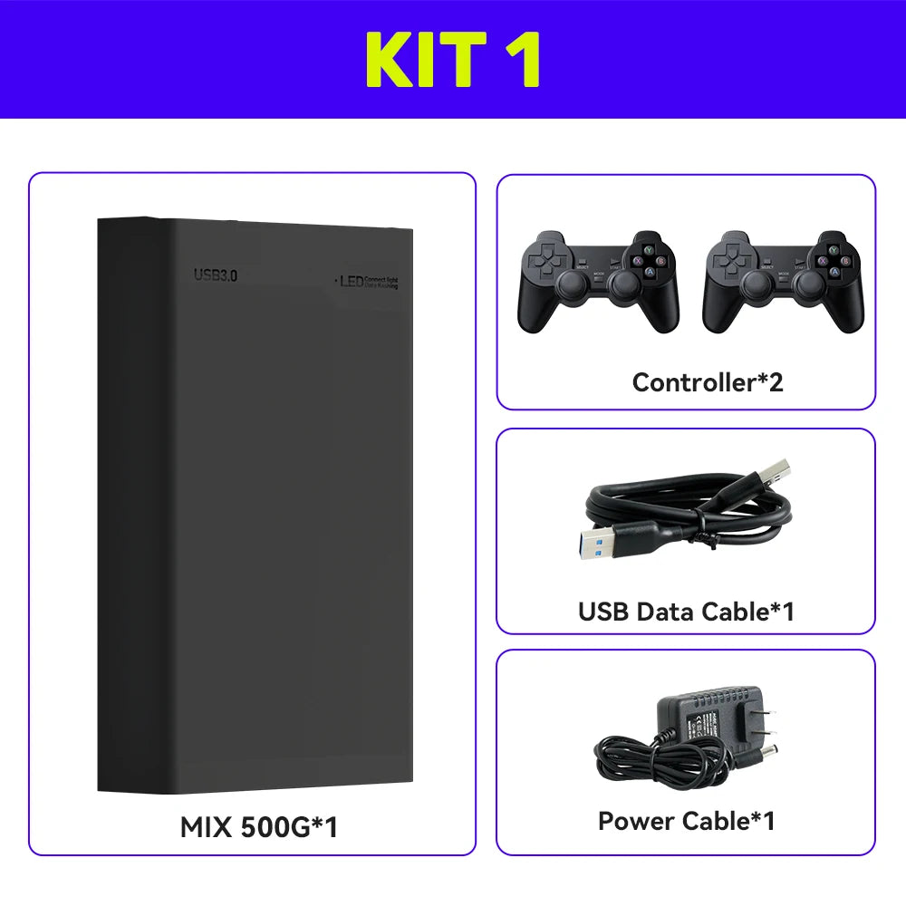 Hyper Base MIX 500G Retro Gaming Hard Drive Disk Game Console for PS3/PS2/SWITCH/XBOX/PS1/N64/DC/WII/WIIU 38293 Games for WIN PC