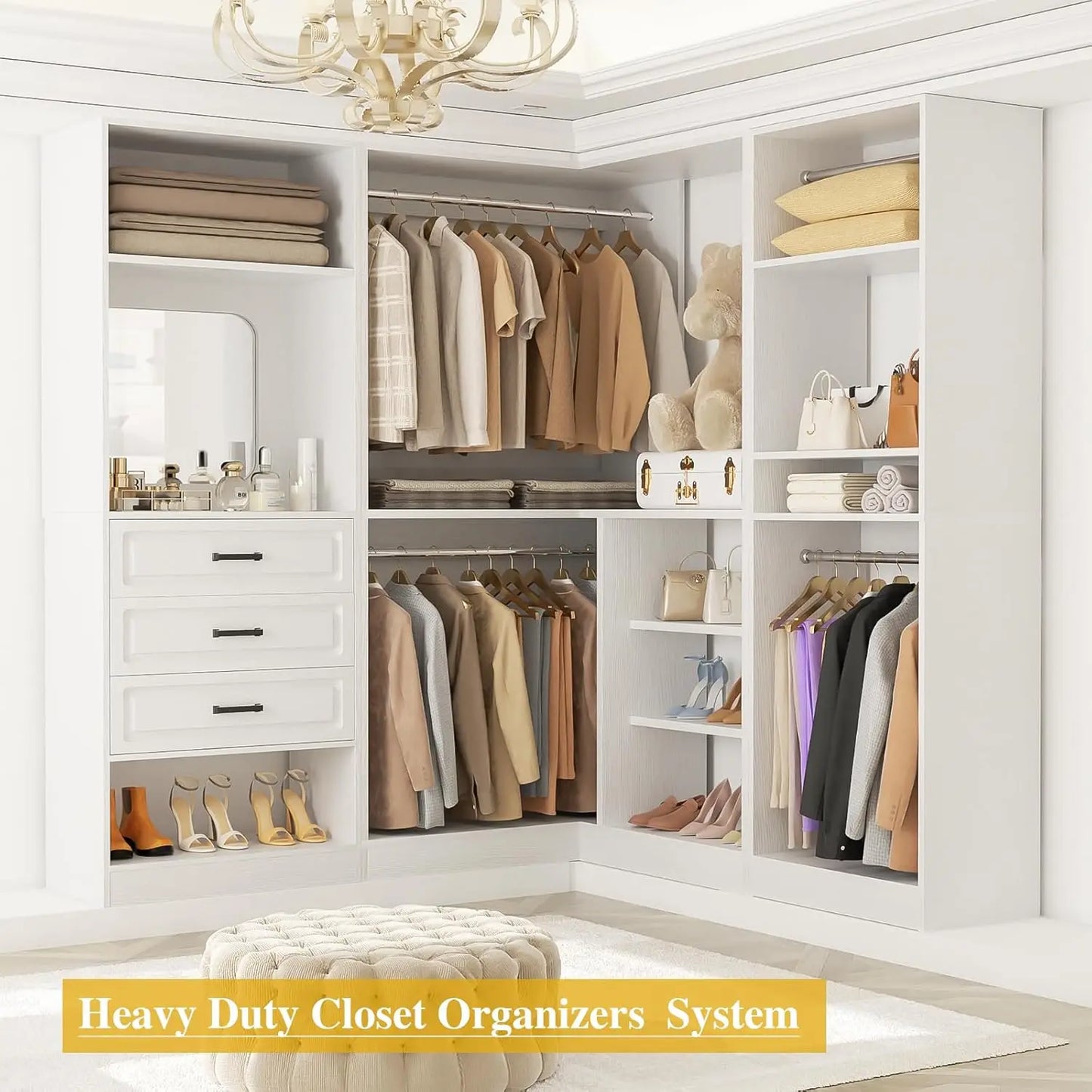 86in Corner Closet Organizer Wood with Drawers Mirror Rods Shelves Walk-in, Customized