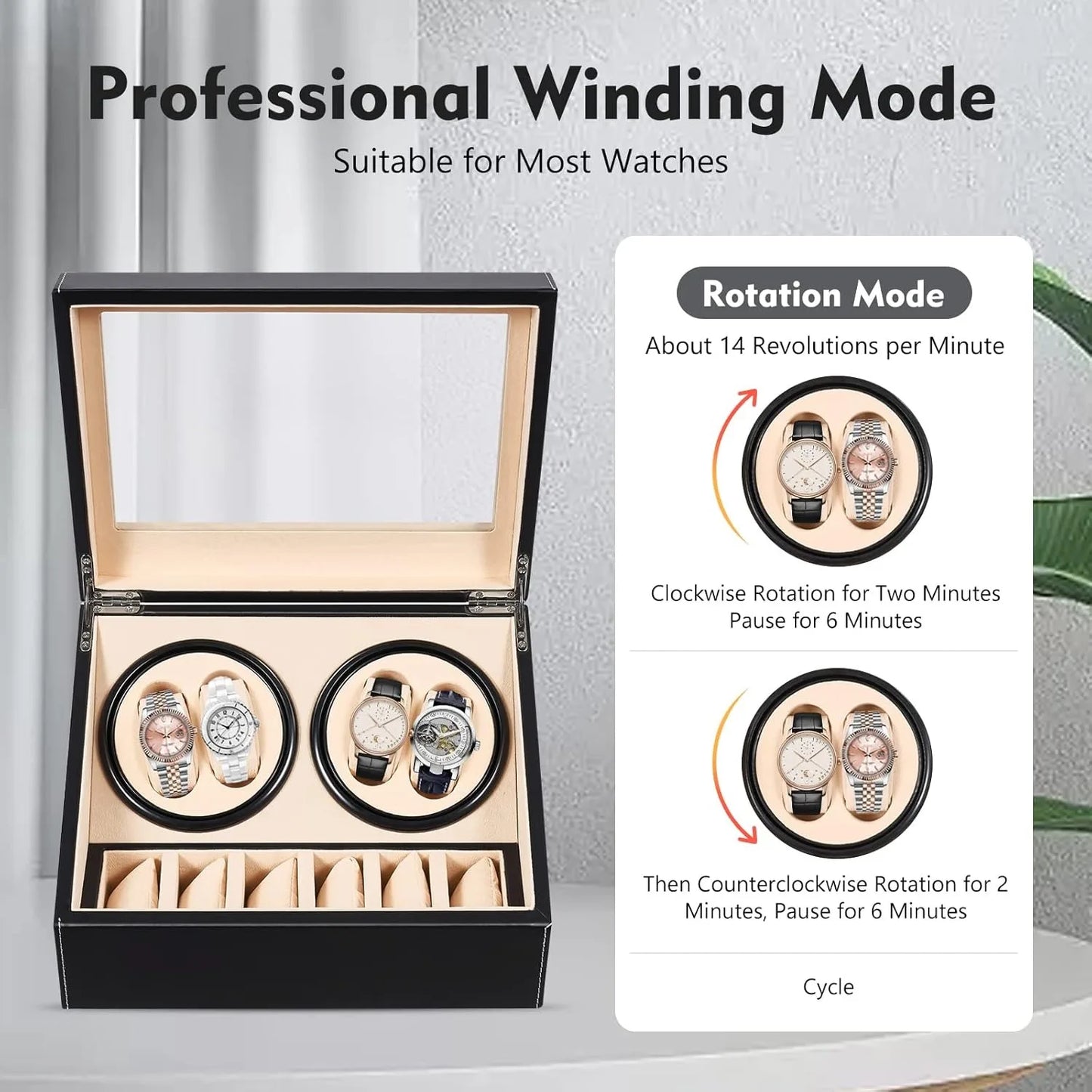 Automatic Watch Winder Display Box, 4+6  Rotation Leather Wood Watch Winder Collector Display Box Watch Case, Black