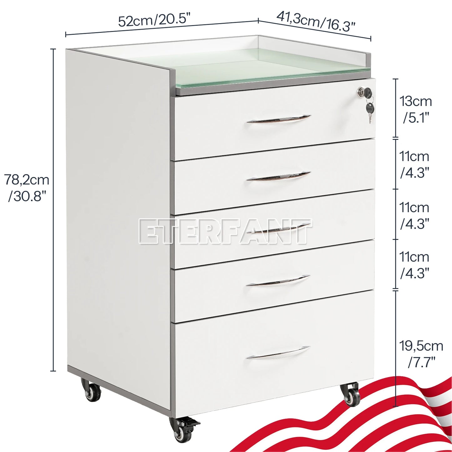 ETERFANT Dental Cabinet Rolling Medical Trolley Mobile Wooden Cart with Socket 5 Drawers Tempered Glass Tabletop Engineered Wood