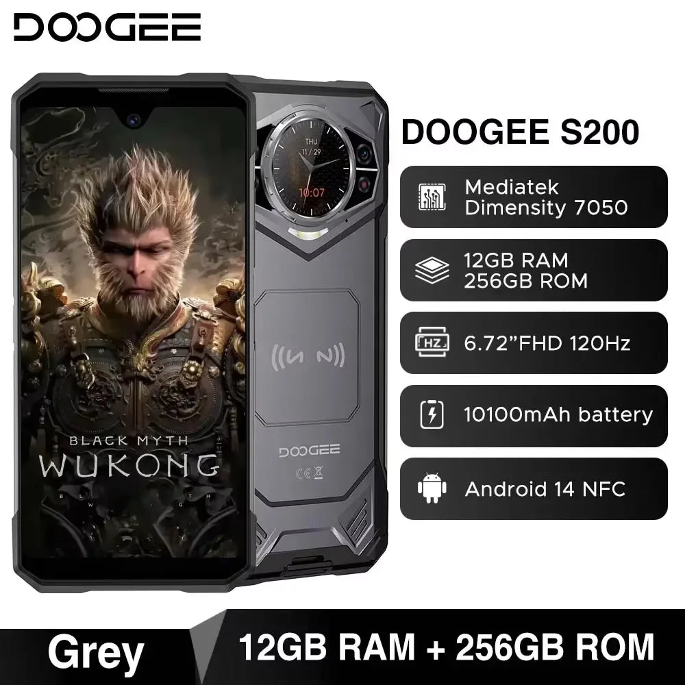 DOOGEE S200 5G Rugged Phone 6.72" Dimensity 7050 12GB RAM 256GB ROM 100MP AI Main Camera 10100mAh Battery NFC Smartphone