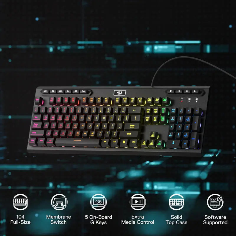 Redragon K513 RGB Membrane Gaming Keyboard, Standard 104 Keys Linear Wired Mechanical-Feel Keyboard