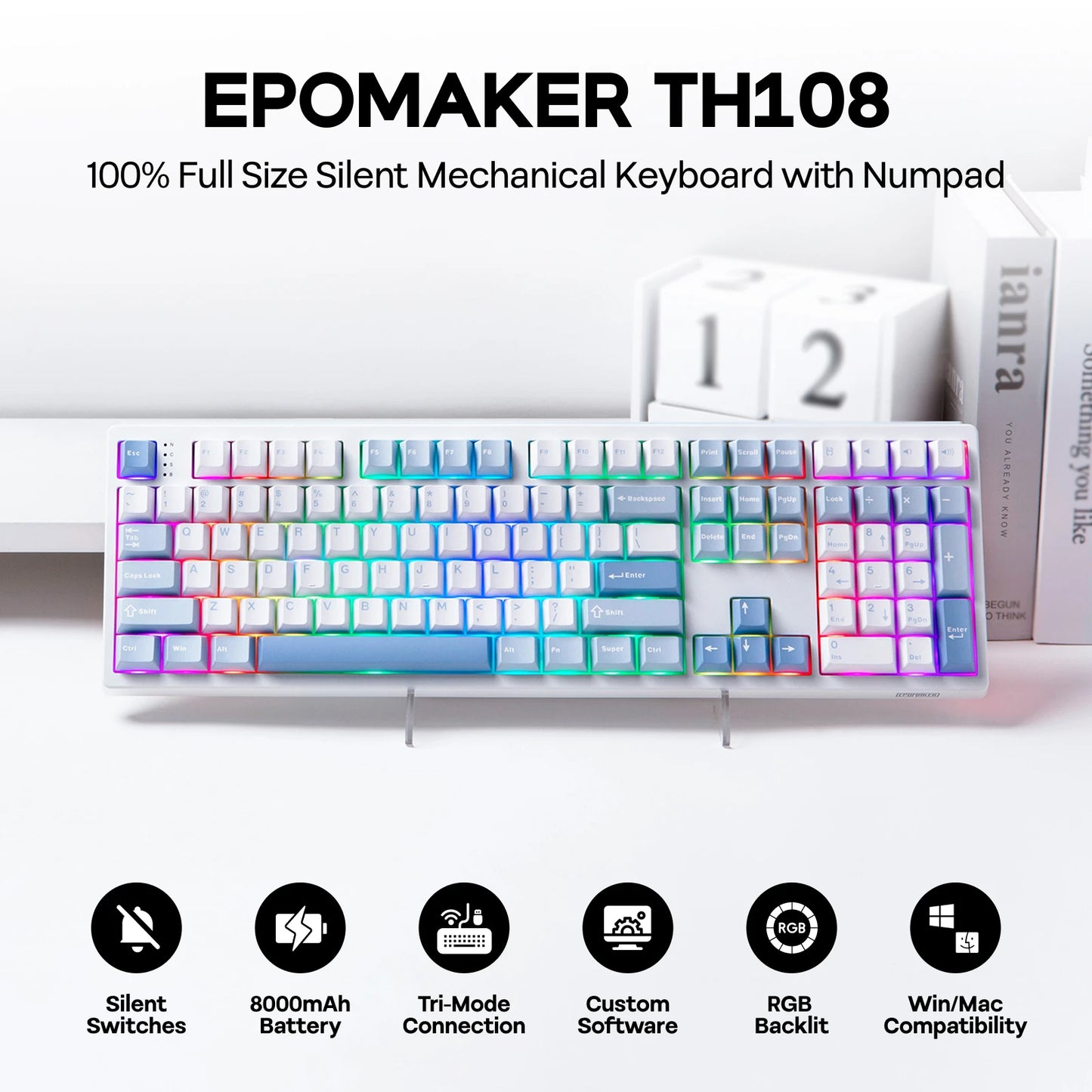EPOMAKER TH108 100% Full Size Gasket Wired/Bluetooth/2.4Ghz Wireless NKRO Mechanical Gaming Keyboard 8000mAh Battery RGB Backlit