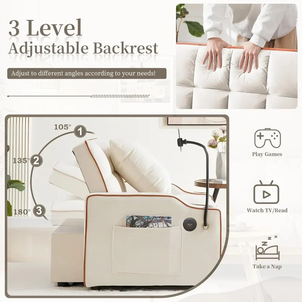 "Convertible Sleeper Chair Bed, 3-in-1 Velvet Futon Sofa with Phone Holder & USB Ports, Pull-Out Design & Adjustable Recline for