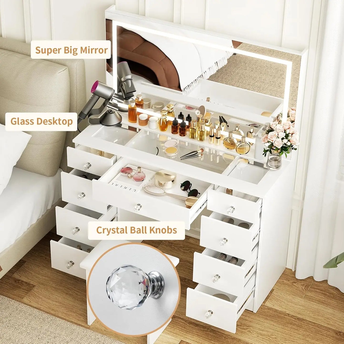 Glass Top Vanity Desk Lighted Mirror Power Outlet 9 Drawers 3 Color Lighting Adjustable Brightness Cushioned Stool 43 Customized