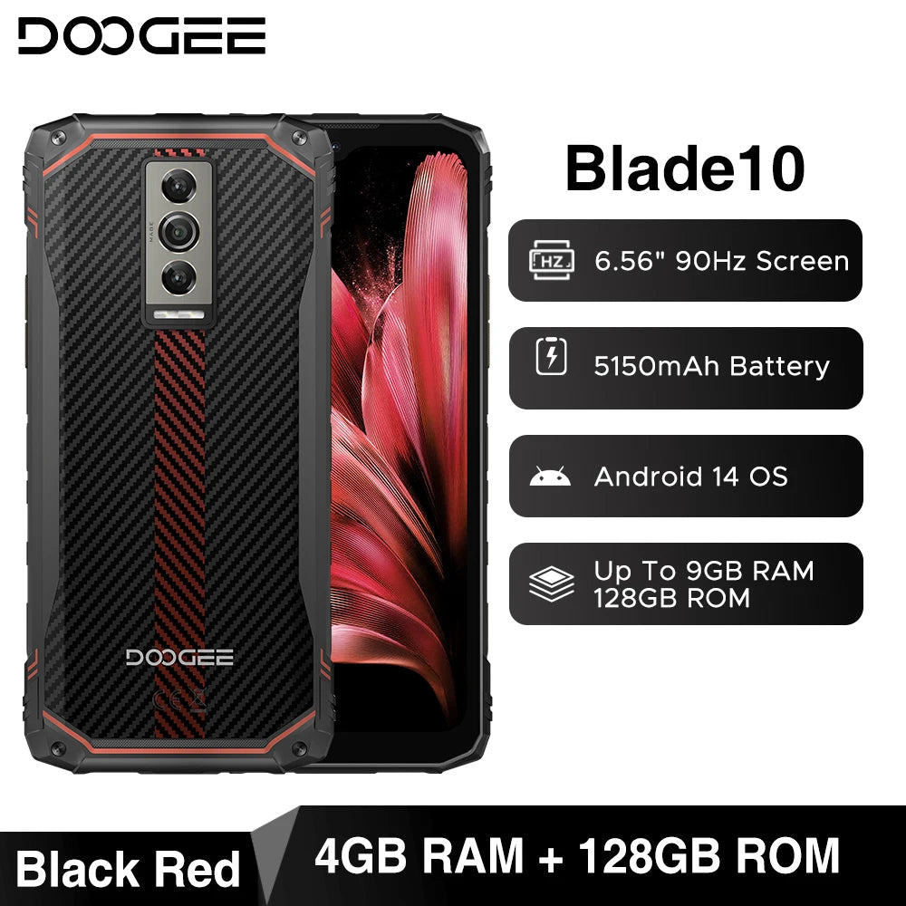 DOOGEE Blade10 Rugged Phone 6.56 Inch 90Hz IPS Display 9GB(4+5) 128GB Octa Core 16MP Main Camera 5150mAh Android 14 Face Unlock