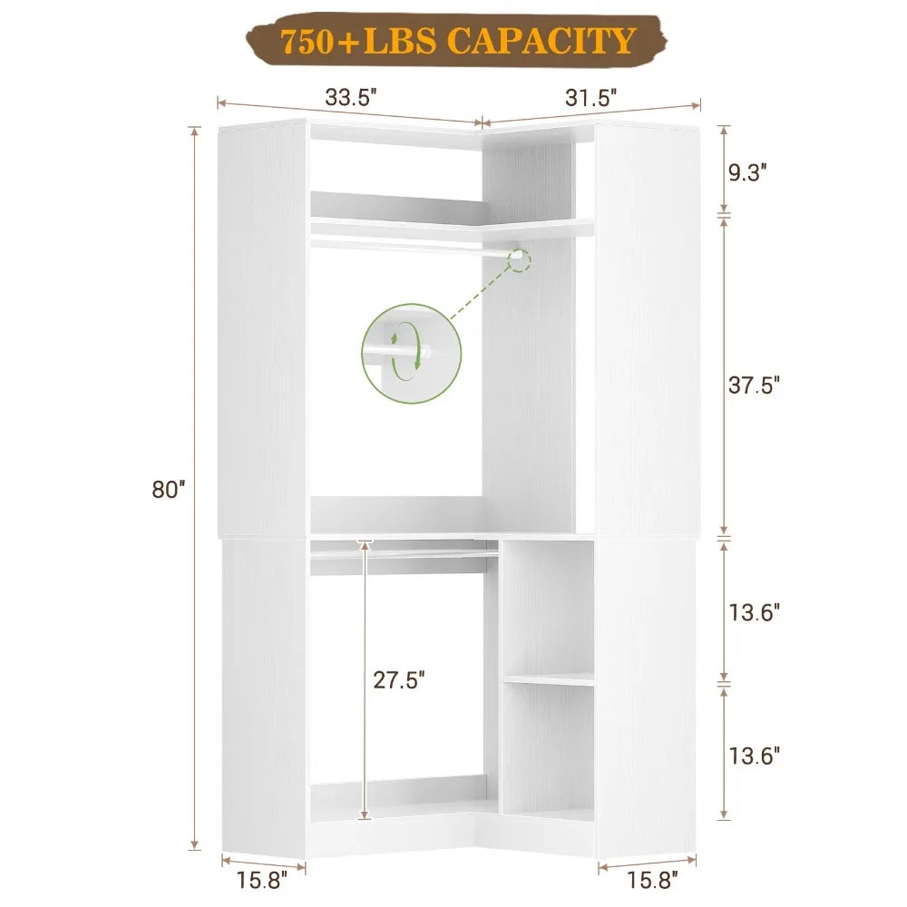 L Shaped Corner Closet Organizer System Garment Rack with Shelves & Hanging Rod