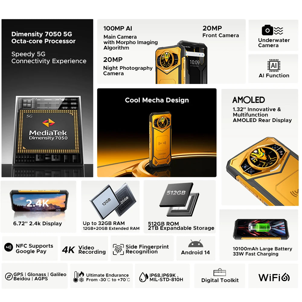 Global Version DOOGEE S200 X 5G Rugged Phone 6.72" Dimensity 7050 12GB+512GB AI Triple camera 10100mAh Battery NFC Smartphone