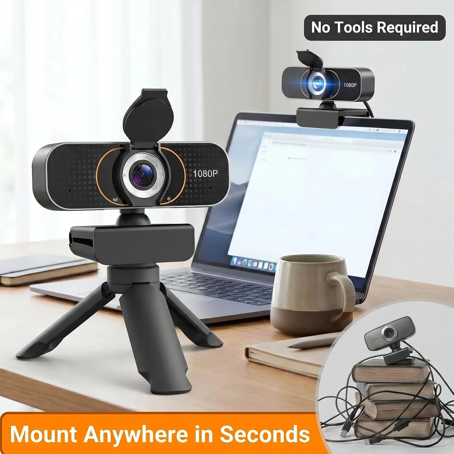 1080P Webcam with Microphone, Plug and Play USB Camera for PC Laptop, Auto Light Correction, Privacy Cover, Flexible Clip