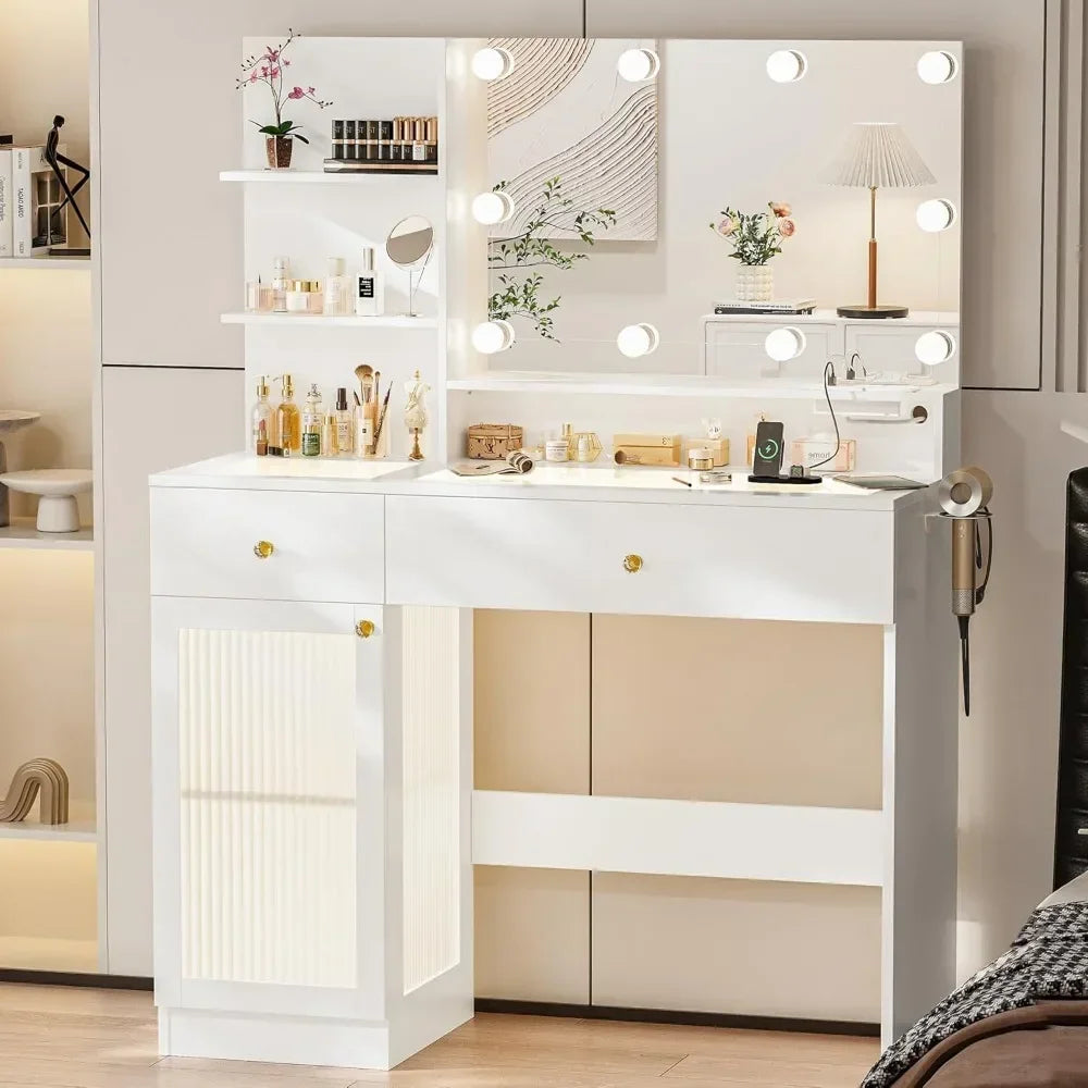 Modern Glass Top Vanity Desk with Large Mirror And Lights - Includes Power Outlet Drawers Cabinet 3 Light 40 Inch Customized