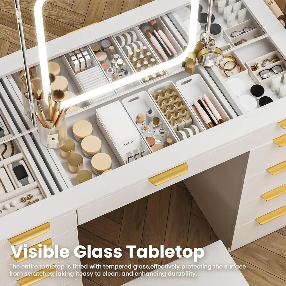 LED Lighted Makeup Vanity Desk with Glass Top, Adjustable Mirror, Chair, and Power Outlet