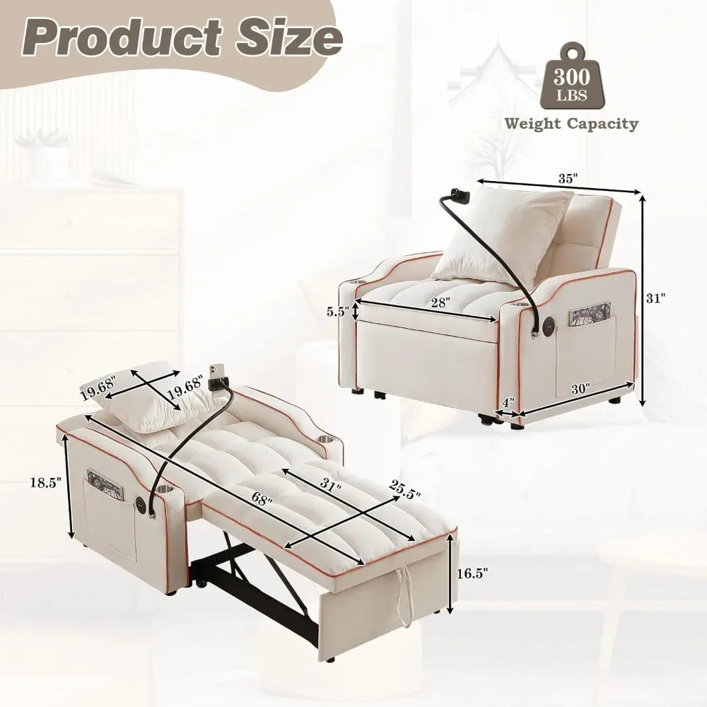 "Convertible Sleeper Chair Bed, 3-in-1 Velvet Futon Sofa with Phone Holder & USB Ports, Pull-Out Design & Adjustable Recline for