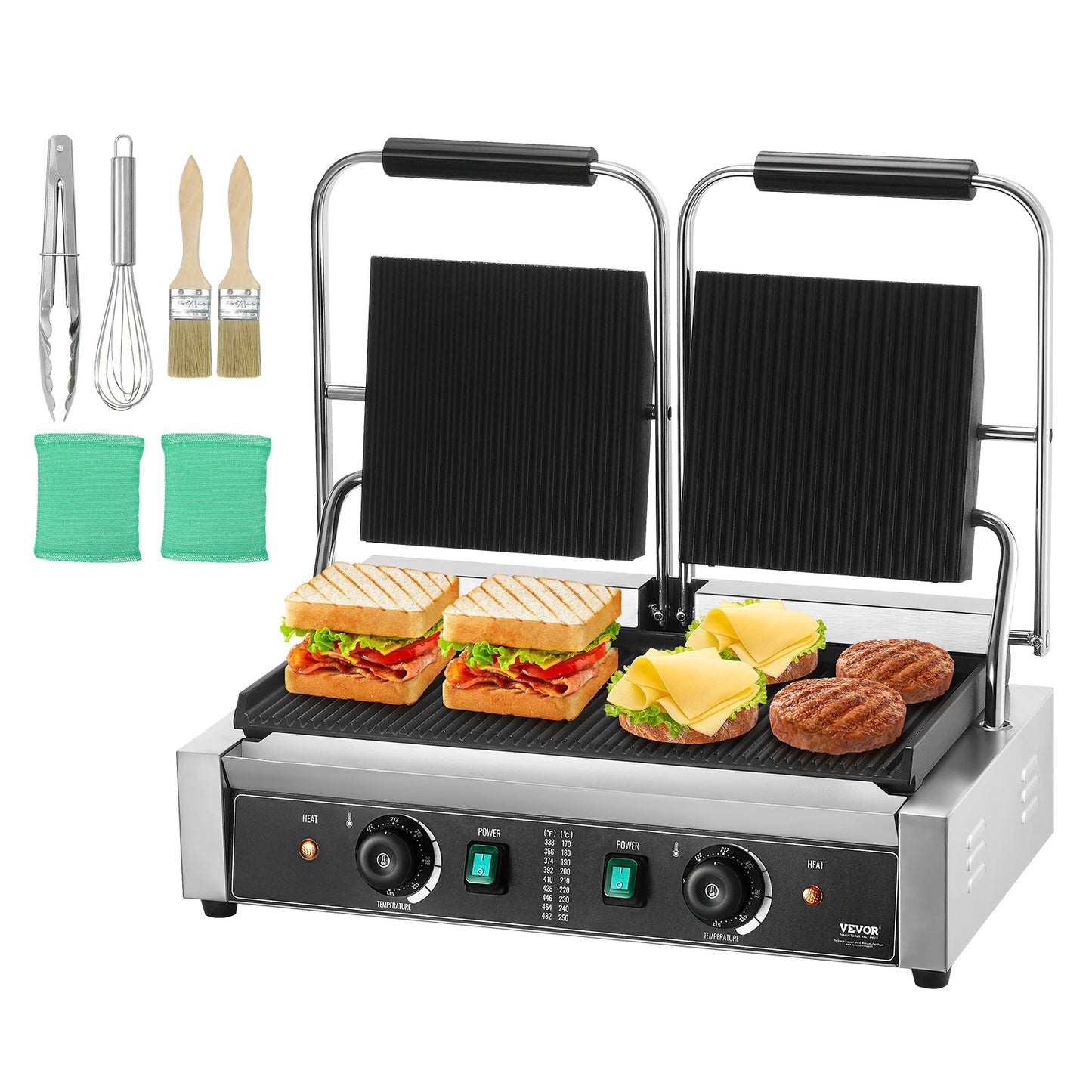 SucceBuy Commercial Panini Grill 3600W Electric Sandwich Panini Maker 19"x9" Full Grooved Enamel Plate for Hamburger Steak Bacon