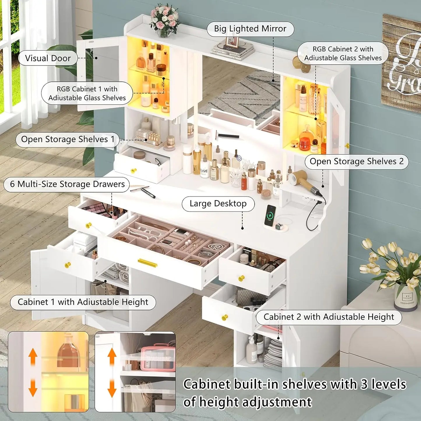 Vanity Desk with Mirror and Lights, White Makeup Vanity Table with Charging Station，Large Vanity Desk with 6, Customized