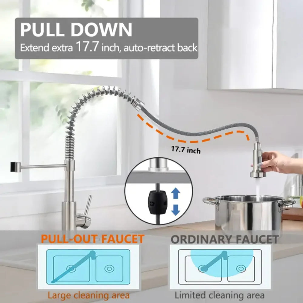 Modern Brushed Nickel Kitchen Faucet, Pull Down Sprayer Single Handle, Compact Design for 1 or 3 Holes