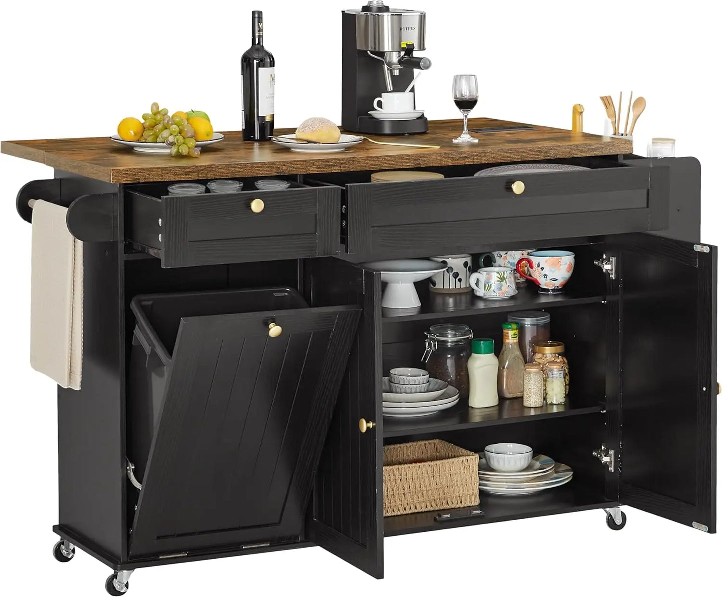 60" Mobile Kitchen Islands Rolling Trolleys Kitchen Island Table Drop Leaf Home Carts with Power Outlet Spice Towel Rack Trash