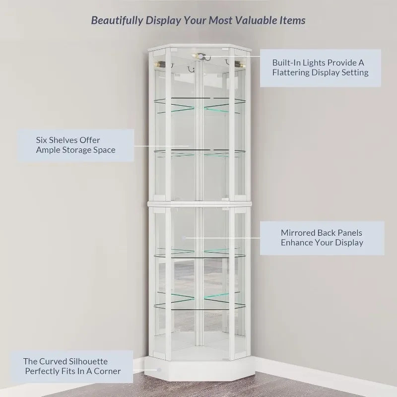 For girls Lighted 3-Side Glass Display Curio Cabinet with Tempered Glass Doors and Shelves,  Corner Storage Rack - White