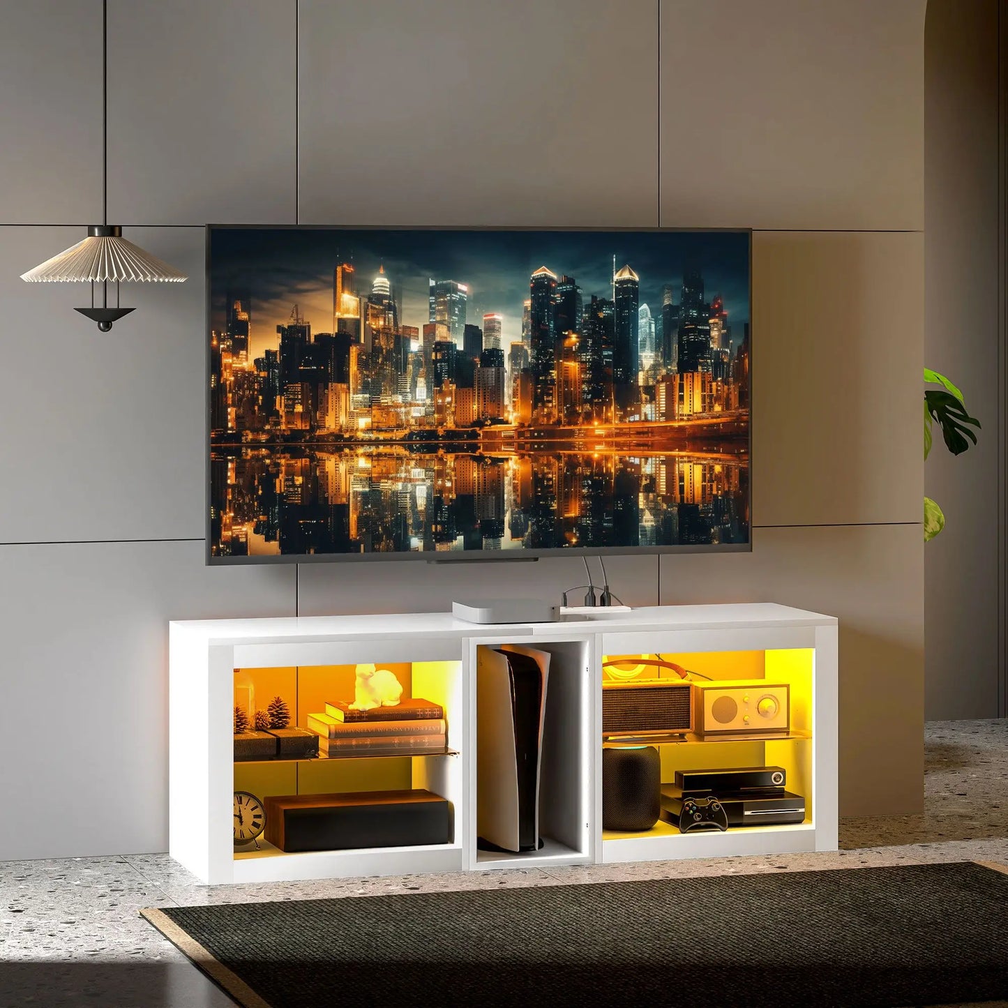 High Gloss White 55\" TV Stand with LED Lights and Power Outlets Adjustable Shelves Television Cabinet