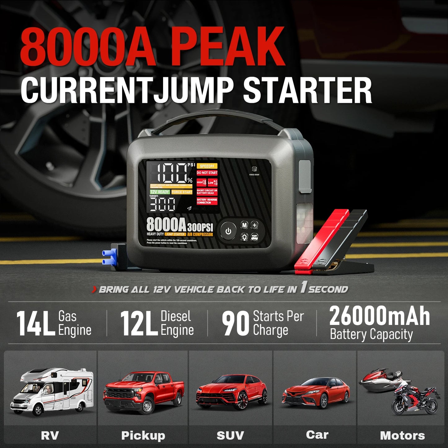 8000A Professional Heavy Duty Car Jump Starter With Air Pump Powerful Car 12V Car Battery Starter Booster Starting Device