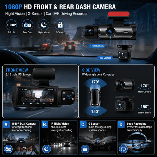 Dual Dash Cam Car Camera Front And Inside 1080P IR Night Vision Dual Lens Vehicle Recorder With G-Sensor Auto Lock 24/7 Parking Monitor Seamless Loop Recording For Rideshare Drivers Security Surveillance System Auto Accessori