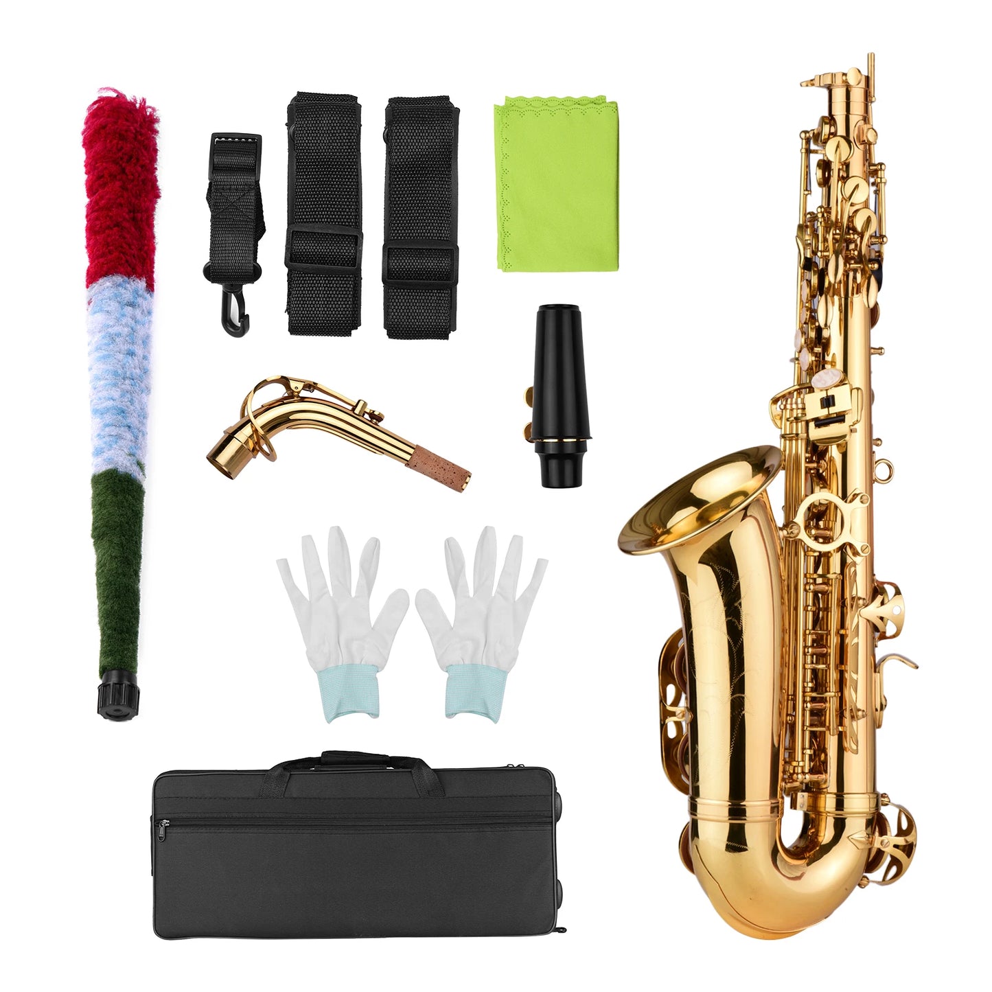 AS100 Eb Alto Saxophone Brass Lacquered Alto Sax Wind Instrument with Carry Case Gloves Straps Cleaning Cloth Brush