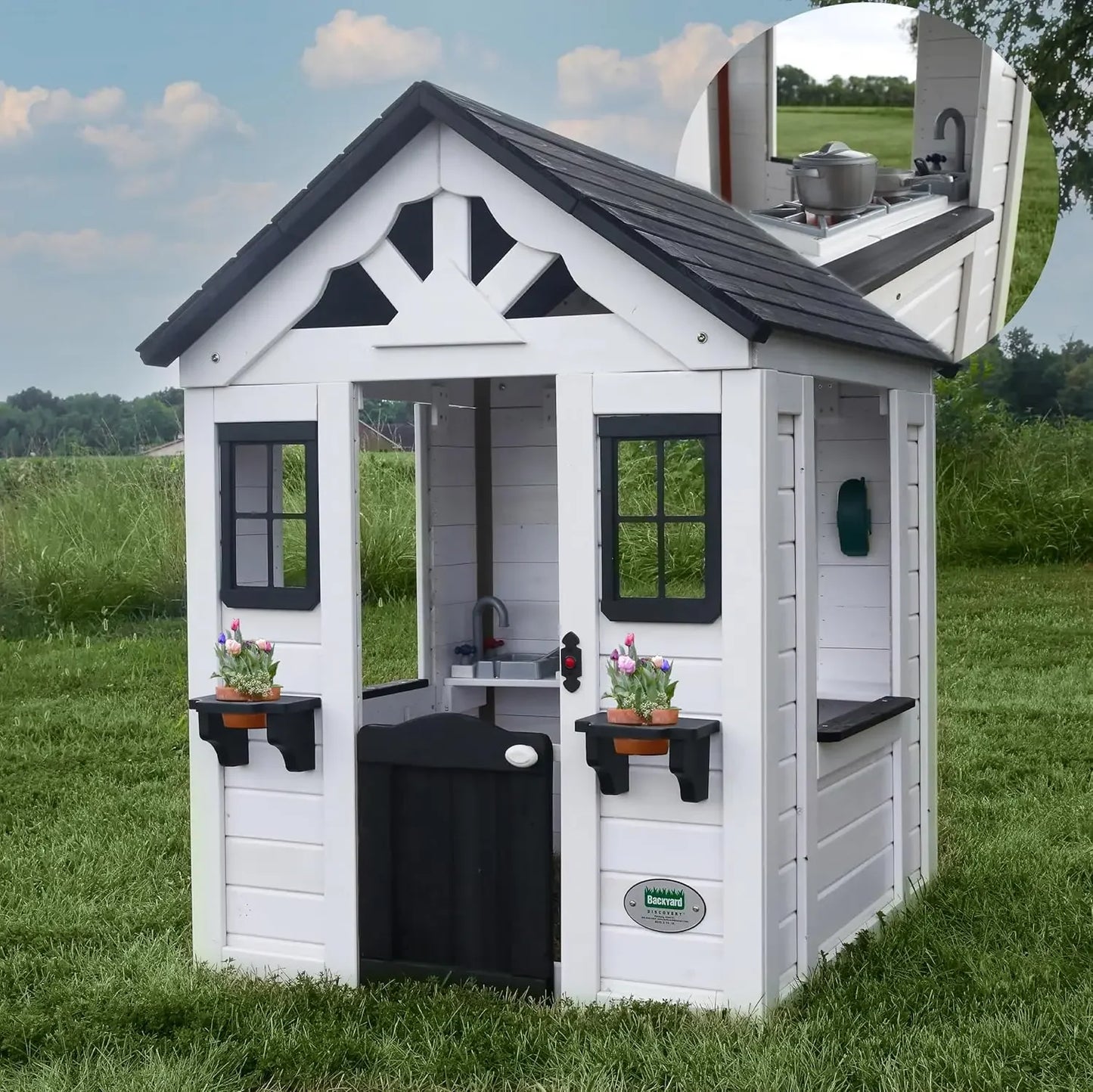 HOME All Cedar White Modern Outdoor Wooden Playhouse, Cottage, Sink, Stove, Windows, Kitchen with Pot and Pans