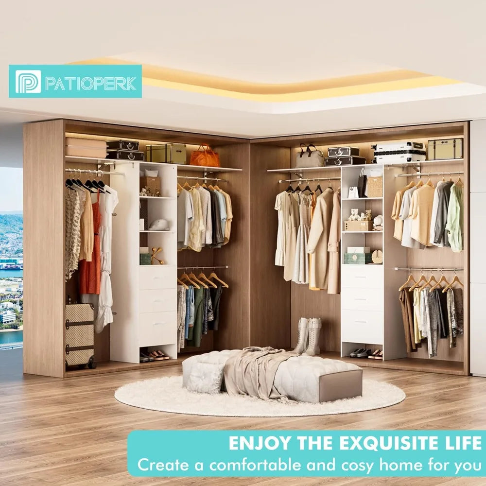 Closet System with Drawers, 8FT Walk in Closets Organizer with 3 Shelving Towers, 96" Wood Storage Unit w/ Hanging Pods & Garmen