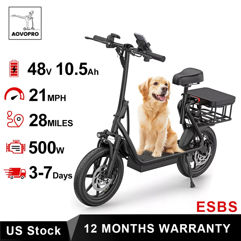 AOVOPRO ESBS 500W 14inch Electric Bicycle 10.4AH Battery 28Miles Max Range 22MPH Max Speed Shock Absorption Foldable Adult Ebike