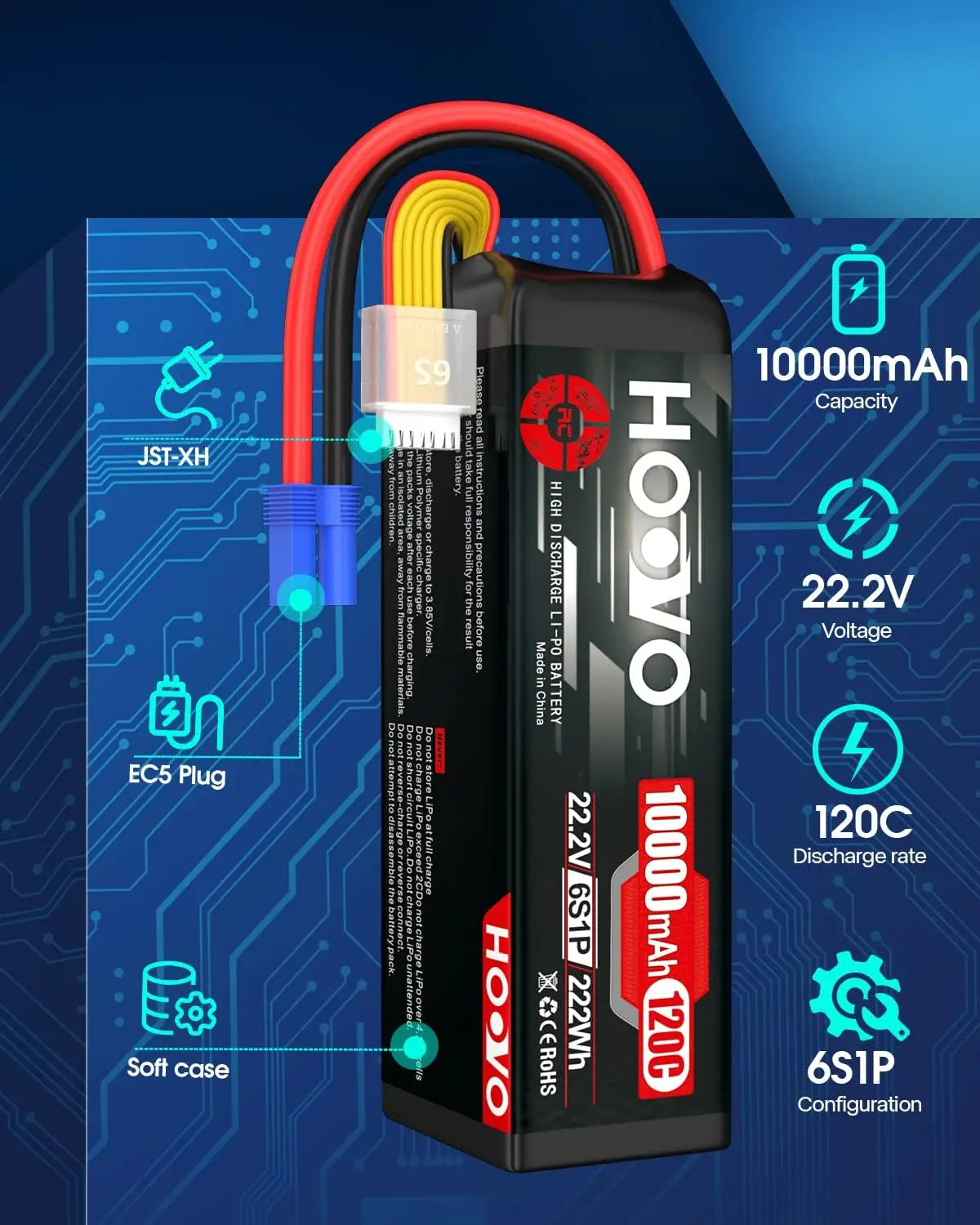 HOOVO 2Pcs 6S Lipo Battery 22.2V 10000mAh 120C RC Battery EC5 Plug Soft Case for RC Cars, Drones, DJI, FPV, Plane, Racing Hobby