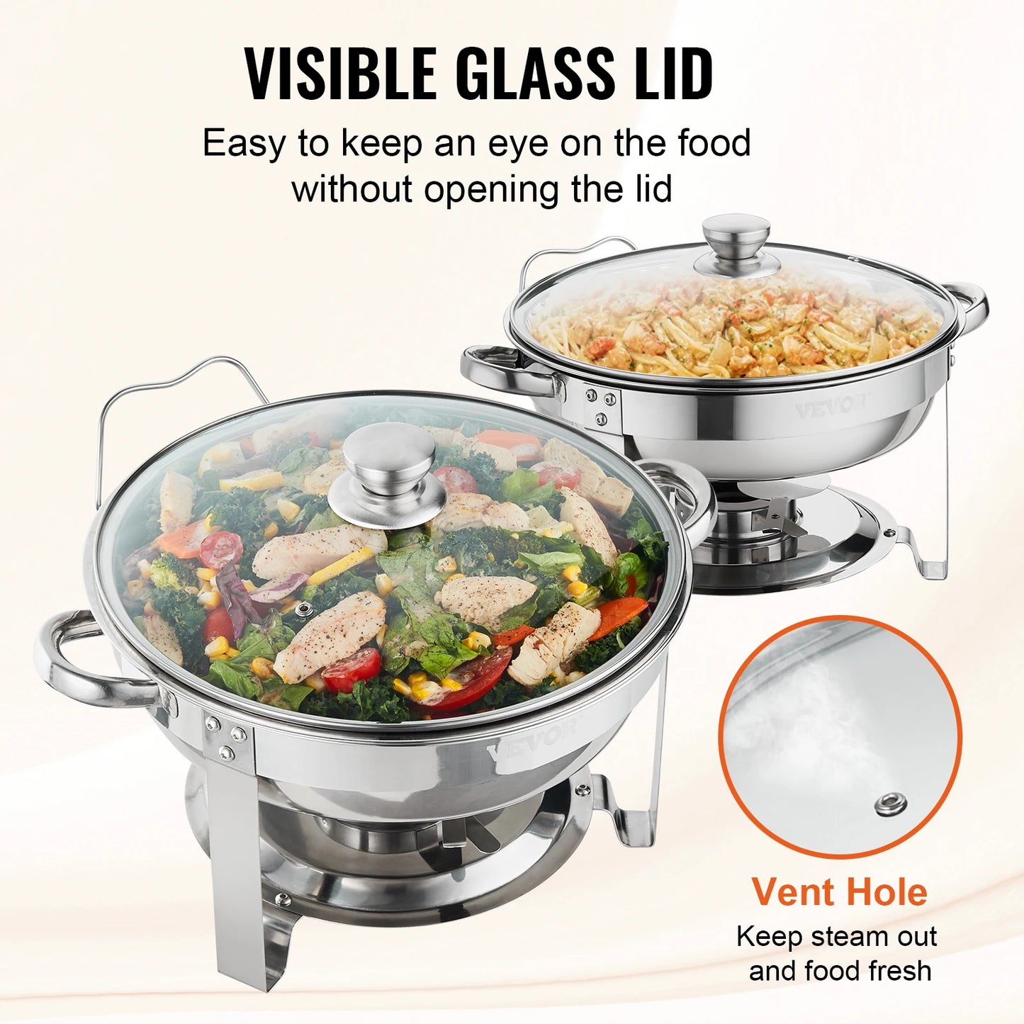 SucceBuy 4QT 2-Pack Round Chafing Dish Set Stainless Steel Buffet Chafer w/Full Size Pan Glass Lid  Fuel Holder Catering Warmer