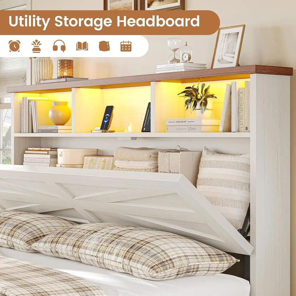 Queen Bed with 6 Drawers, Armhouse Bed with Barn Door and Storage, Wood Platform Bed Queen Size with Charging Station and LED Li