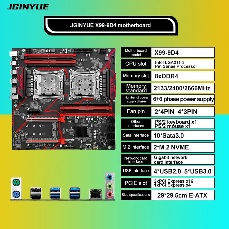 JGINYUE X99 dual CPU motherboard LGA 2011-3 supports Xeon E5 V3 V4 CPU DDR4 memory eight channels Dual  X99-9D4