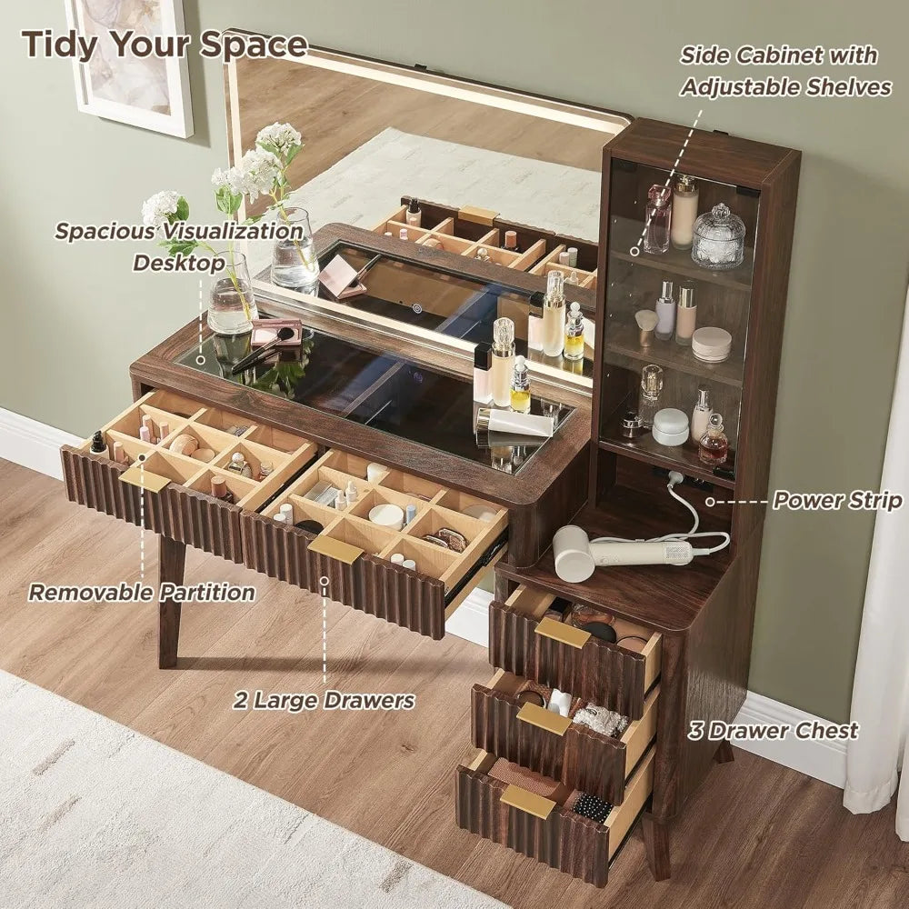 48" Fluted Makeup Vanity Desk with Large 36" Mirror and Lights, Modern Glass Top Big Vanity Table w/5 Drawers & Adjustab Shelves
