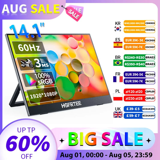 14.1 Inch Portable Monitor 1080P IPS 100%SRGB Gaming Portable Screen with Stand for Laptop PS5/4 Switch Xbox Raspberry Pi