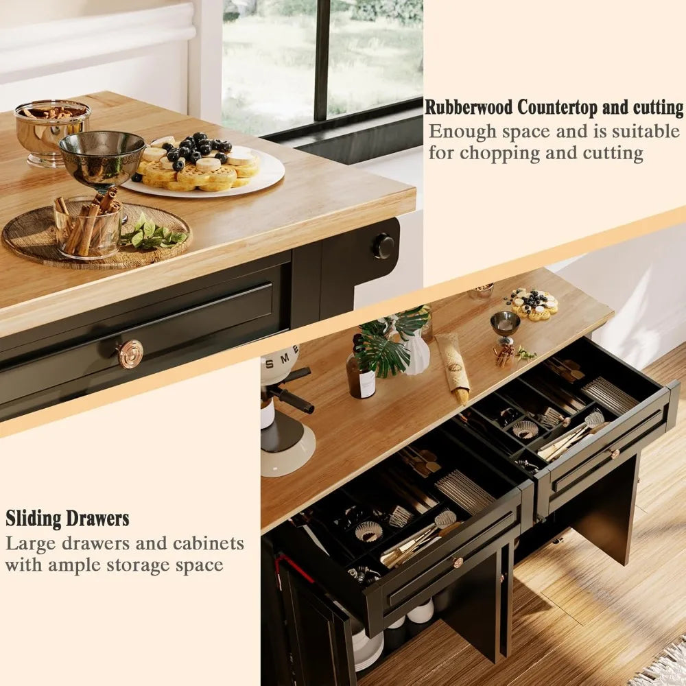 59" Rolling Kitchen Island with Drop Leaf - Mobile Cart with Storage Drawers & Towel Rack, Multi-Functional for Kitchen & Dining