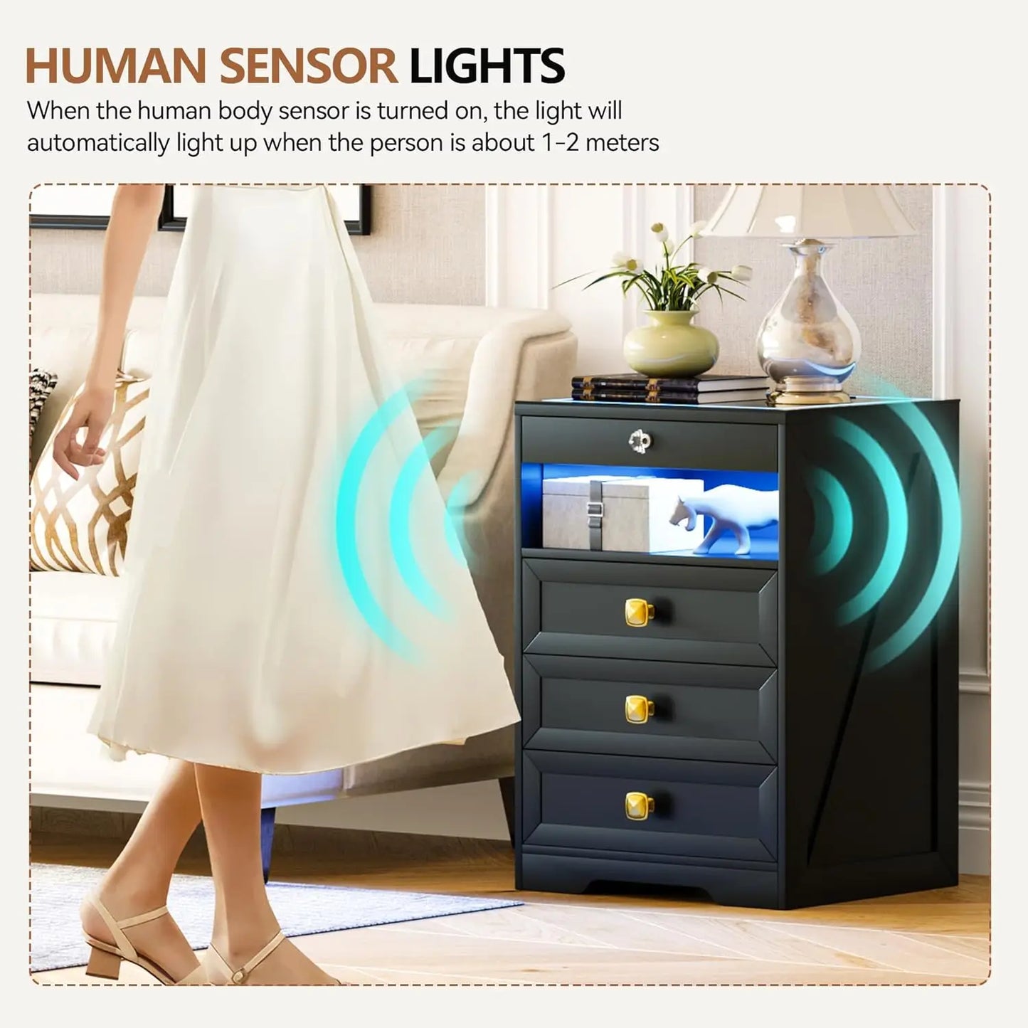 Smart Night Stand with Gun Drawer,Glass Top Nightstand with Charging Sation,LED Bedside Table with 3 Color, Customized