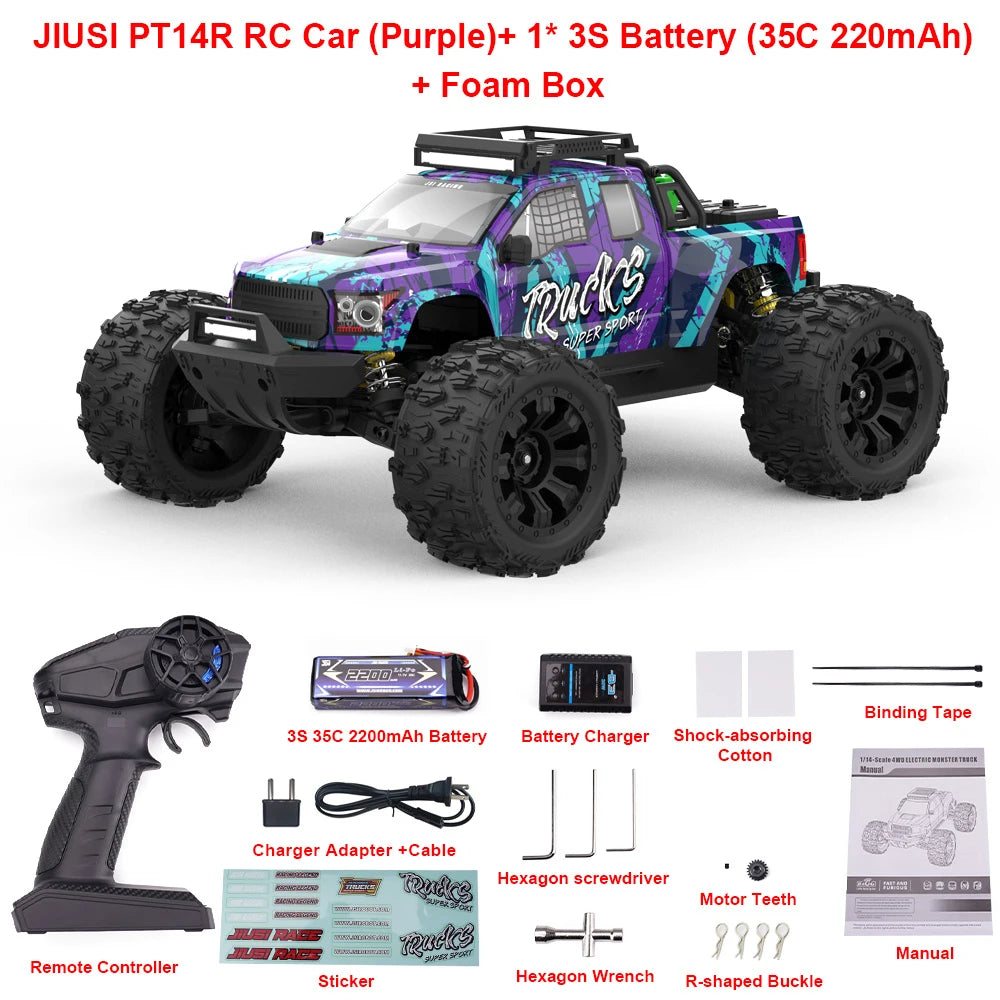 JIUSI PT14R MT14R 1/14 RC Car 4WD 80km/h Brushless 2.4G Remote Control Racing Car 3S 35C 2200mAh High Speed Off-road RC Truck