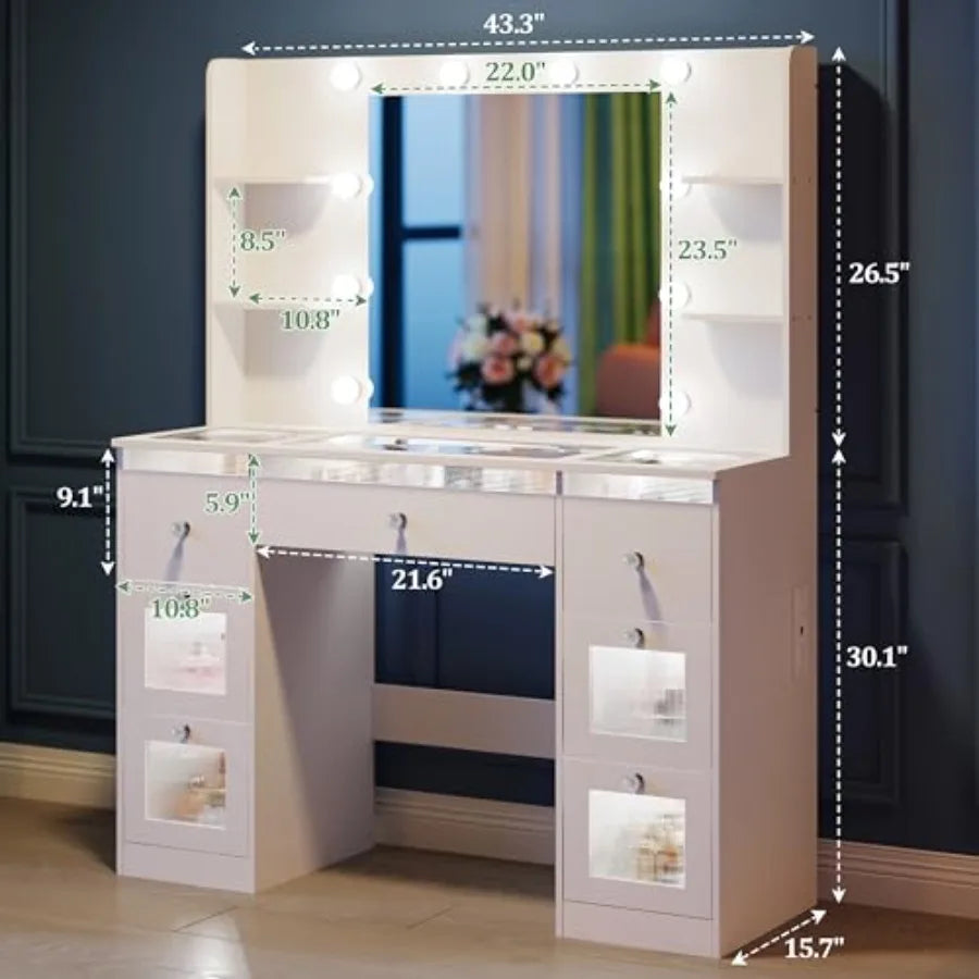 Makeup Vanity with Lights 3 Colors Glass Top Vanity Desk with 7 Lighted Drawers 4 Shelves Power Outlet Makeup Desk