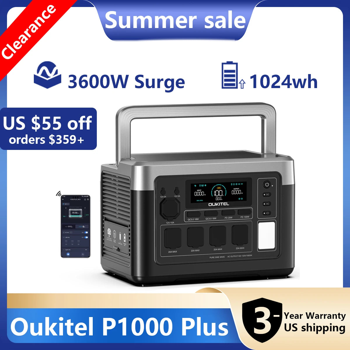 OUKITEL P1000 PLUS Portable Power Station, 1024Wh LiFePO4 Solar Generator | 1800W (3600W Surge) | 1 Hour Super Fast Charge | Lightweight for Home Backup, Camping & Hurricane Emergency