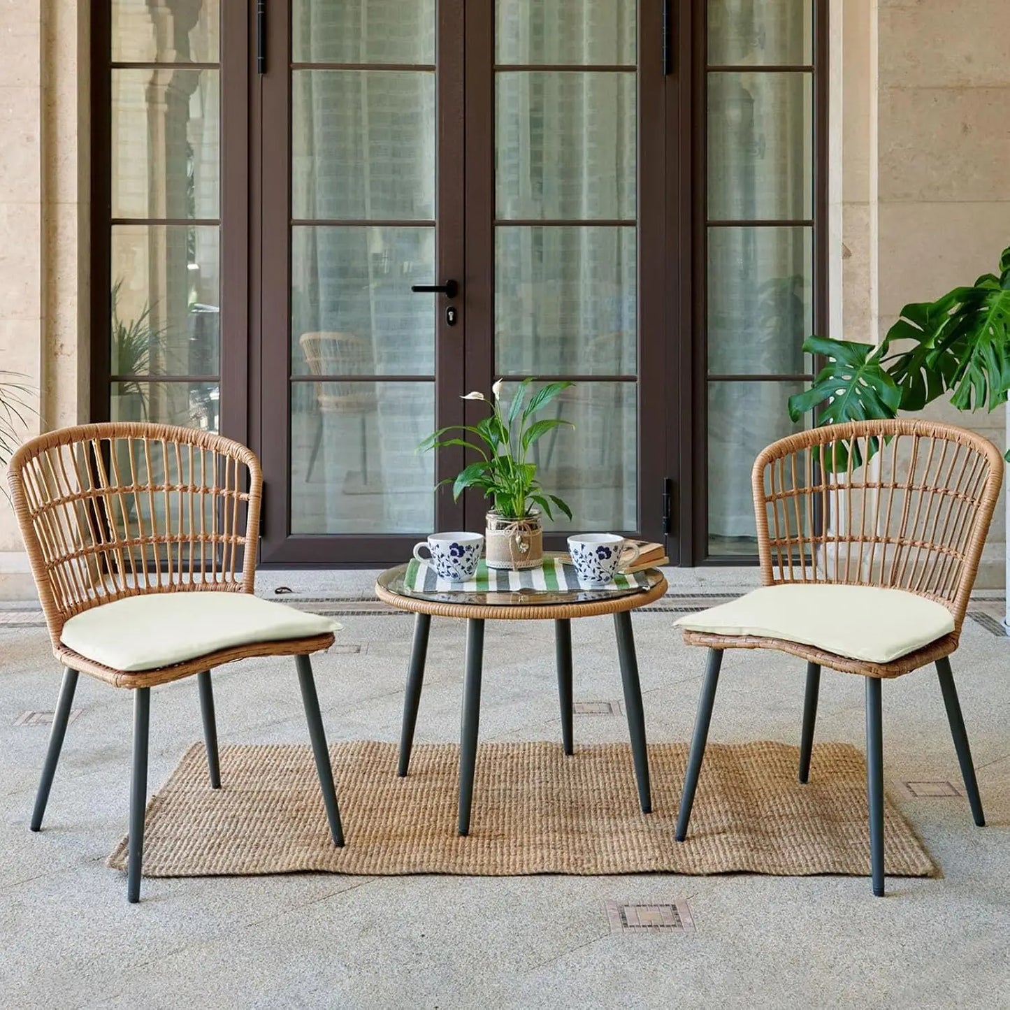 3 Piece Outdoor Wicker Bistro Set, Patio Conversation Sets w/2 Large Rattan Chairs and Tempered Glass Table, Patio Furniture