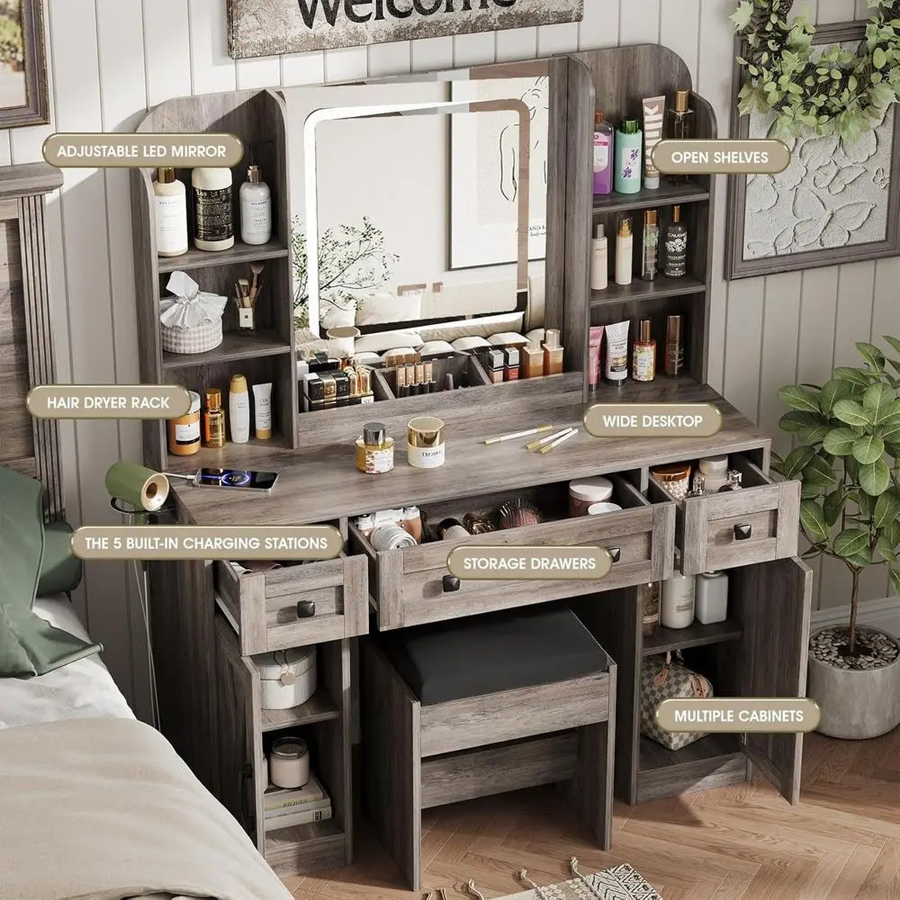 Makeup Vanity Desk with Lighted Mirror, Desk & Chair, 3 Drawers, 2 Cabinets, Time/Temp Display, Adjustable LED Lights, Grey
