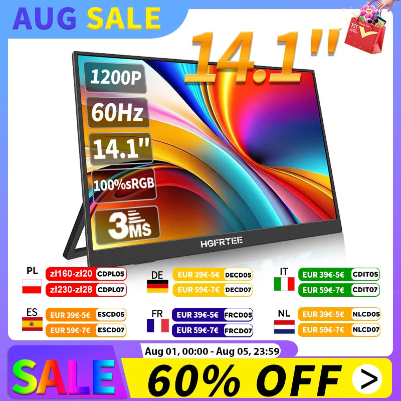 HGFRTEE 14.1inch Mobile Portable Monitor IPS Second Game Screen Extended Display for Laptop with Bracket For xbox/raspberry Pi